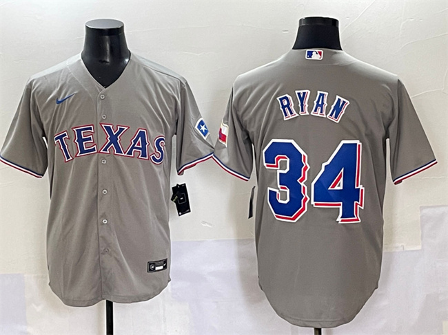 Men's Texas Rangers #34 Nolan Ryan Grey With Patch Cool Base Stitched Baseball Jersey Men's Texas Rangers #34 Nolan Ryan Grey With Patch Cool Base Stitched Baseball Jersey